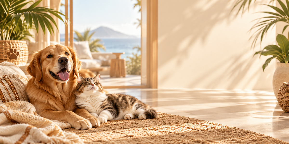 Chien et chat détendus dans un salon lumineux avec vue sur la mer