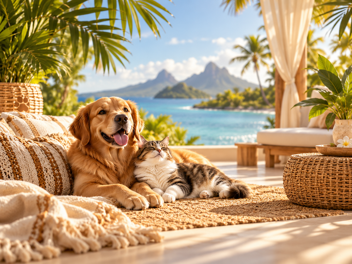 Chien et chat sur une terrasse face à un lagon tropical